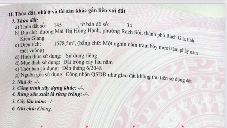 CHÍNH CHỦ Bán Đất Mặt Tiền Đường Mai Thị Hồng Hạnh, Rạch Giá, Kiên Giang