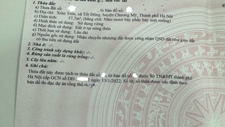 Hơn 1,1xxtr có ngay mảnh tại Tốt Động- Chương Mỹ - Hà Nội.
- DT : 57,7m²
- Đường trước đất ô tô tải chạy thông. Nằm trung tâm Hành Chính của Tốt Động