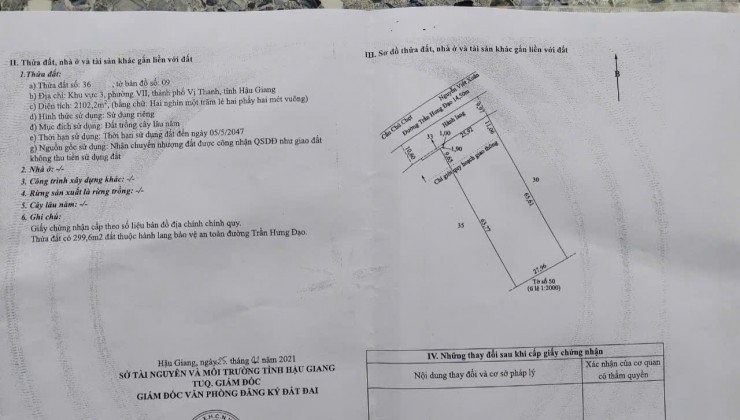 Bán Đất 2102m2 Khu  Vực 3,Phường 7,Vị Thanh,Hậu Giang